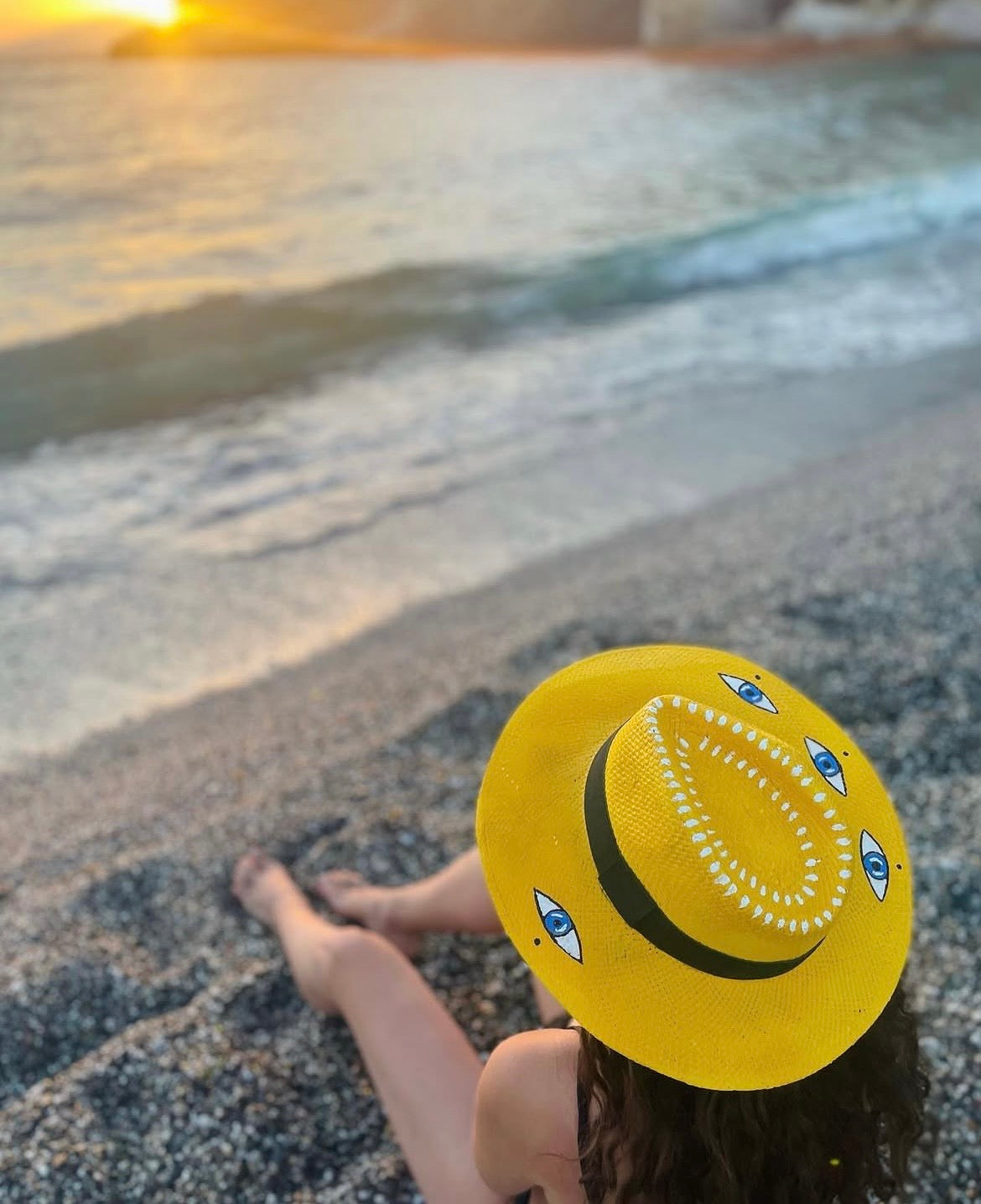 Yellow handpainted panama hat - “evil eyes”