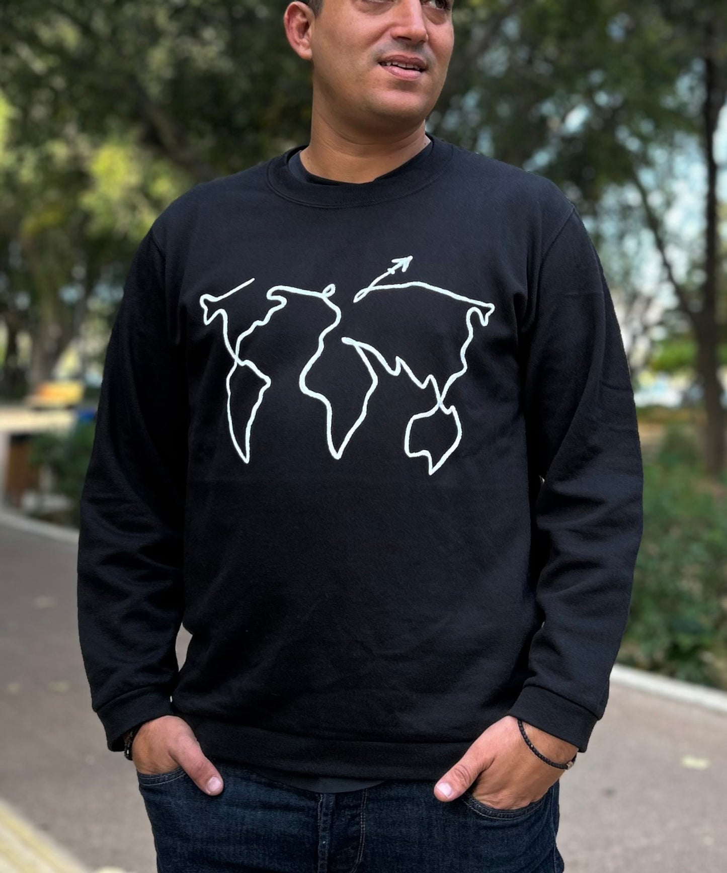 Black handpainted sweater - World map