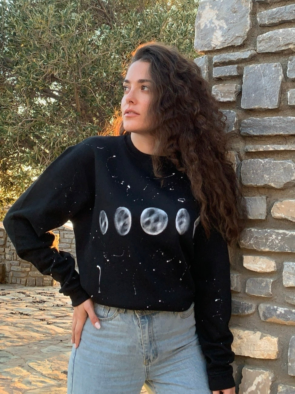 Black handpainted sweater - moon
