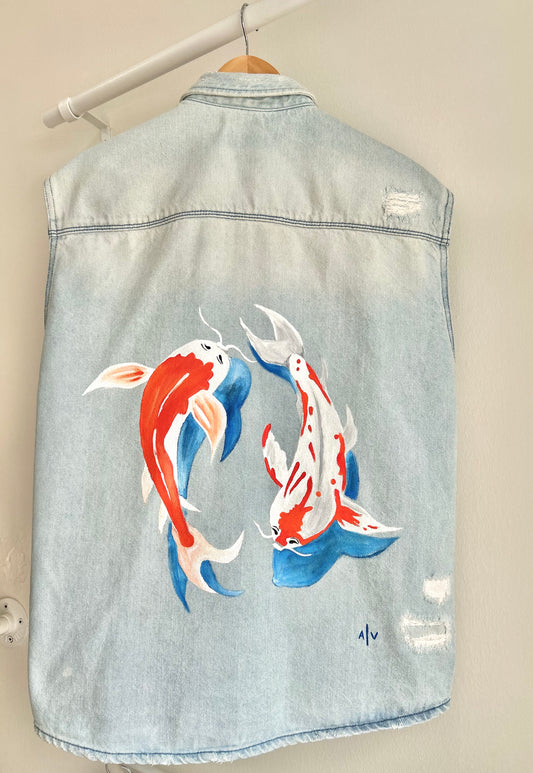 Handpainted jean vest - Coi fish