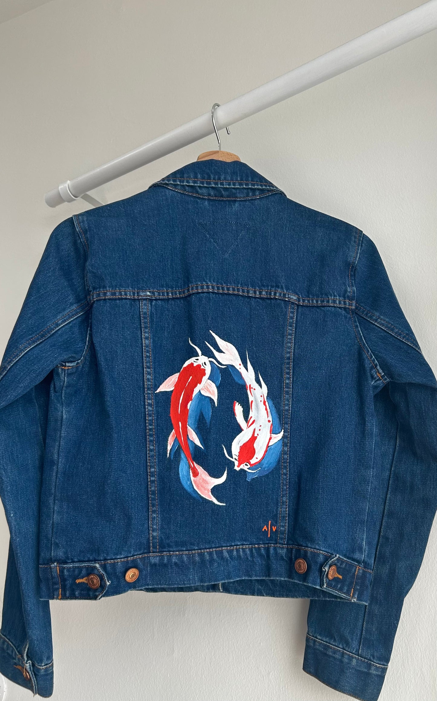 Handpainted unisex jean jacket - koi fish