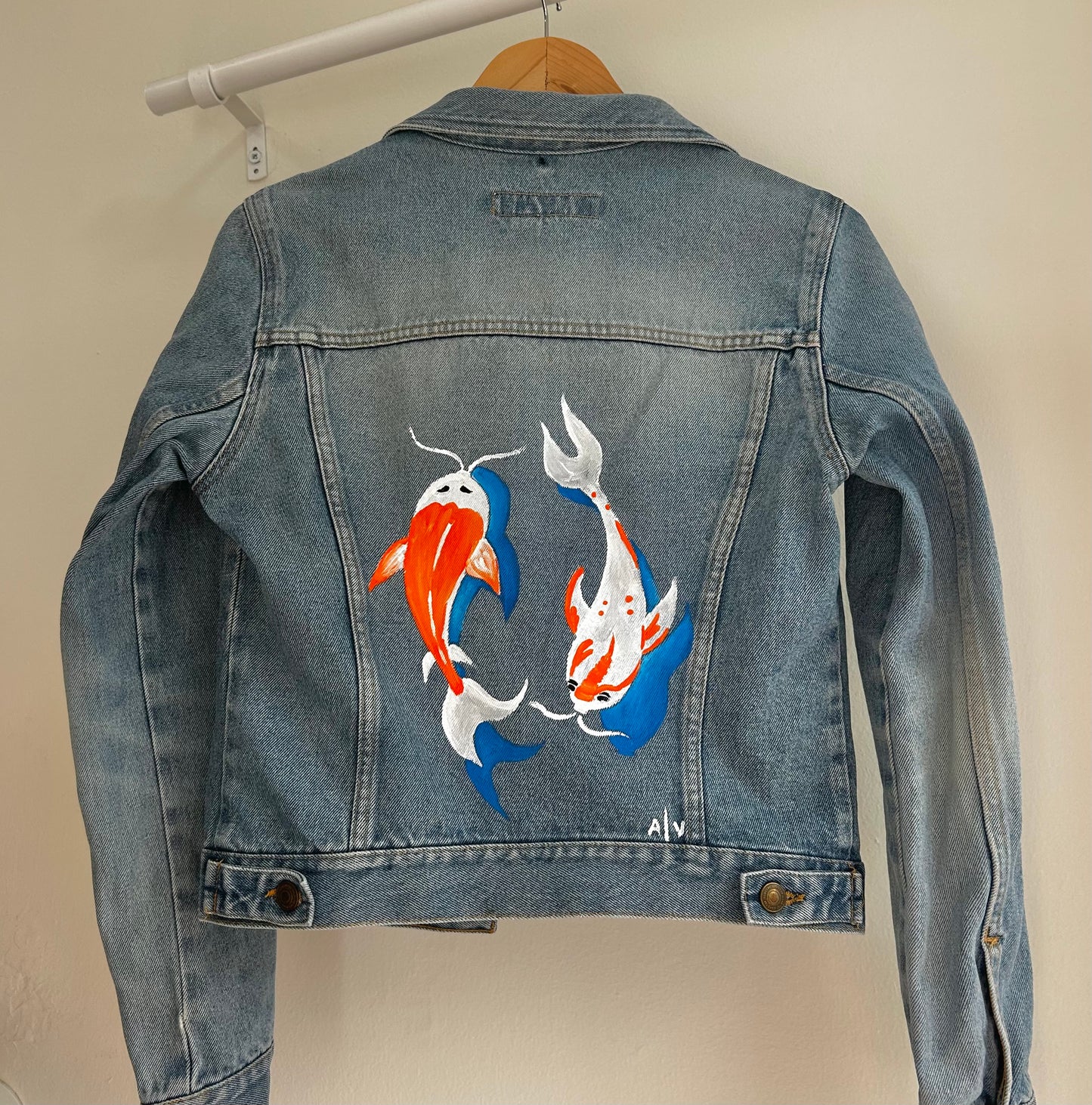 Handpainted unisex jean jacket - koi fish