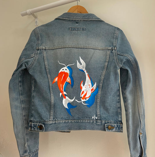 Handpainted unisex jean jacket - koi fish