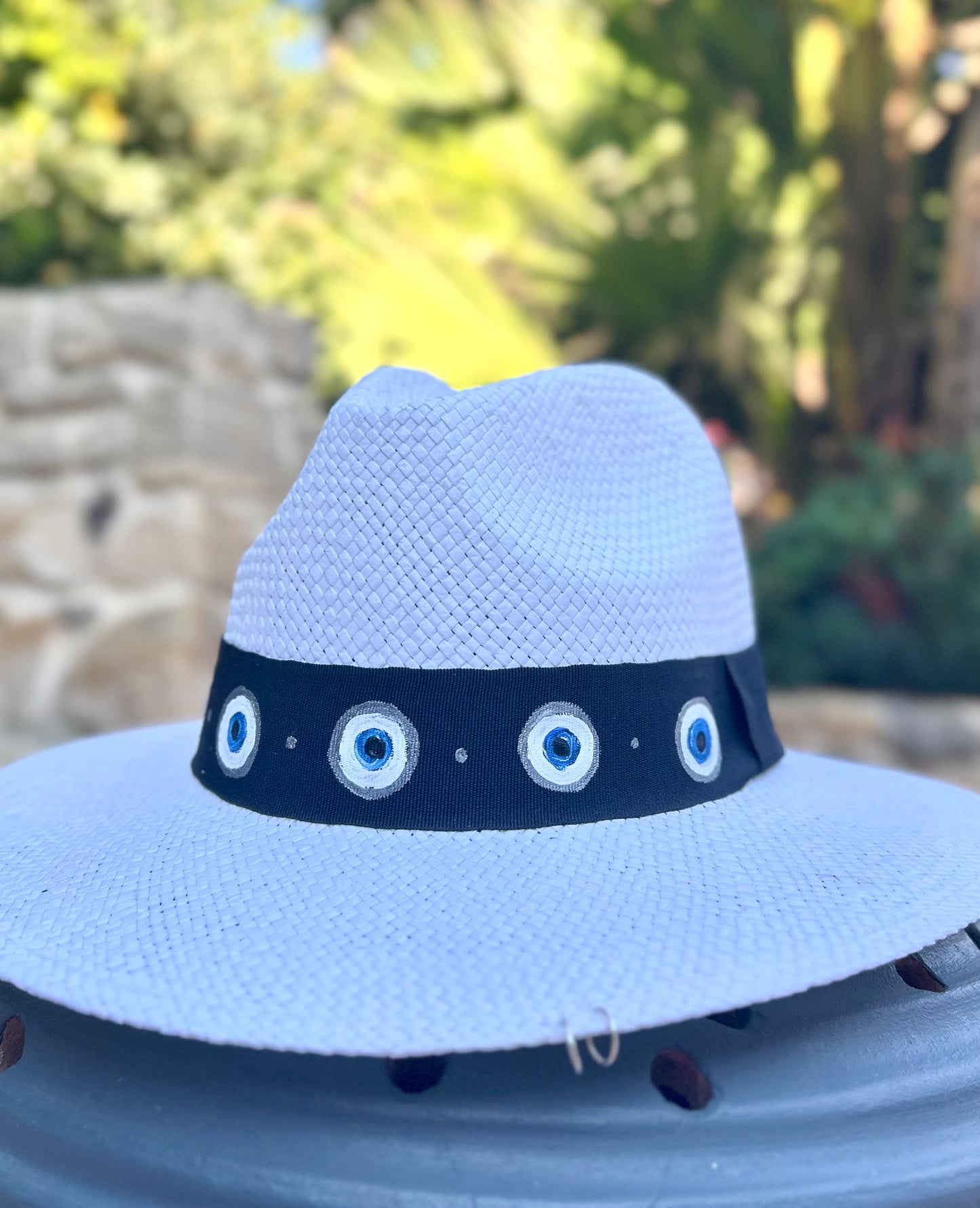 White handpainted panama hat - “evil eye”
