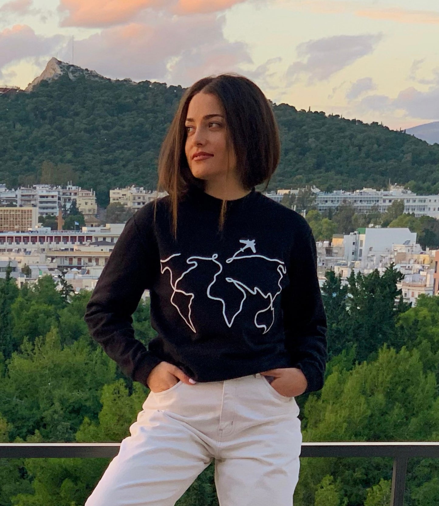 Black handpainted sweater - World map