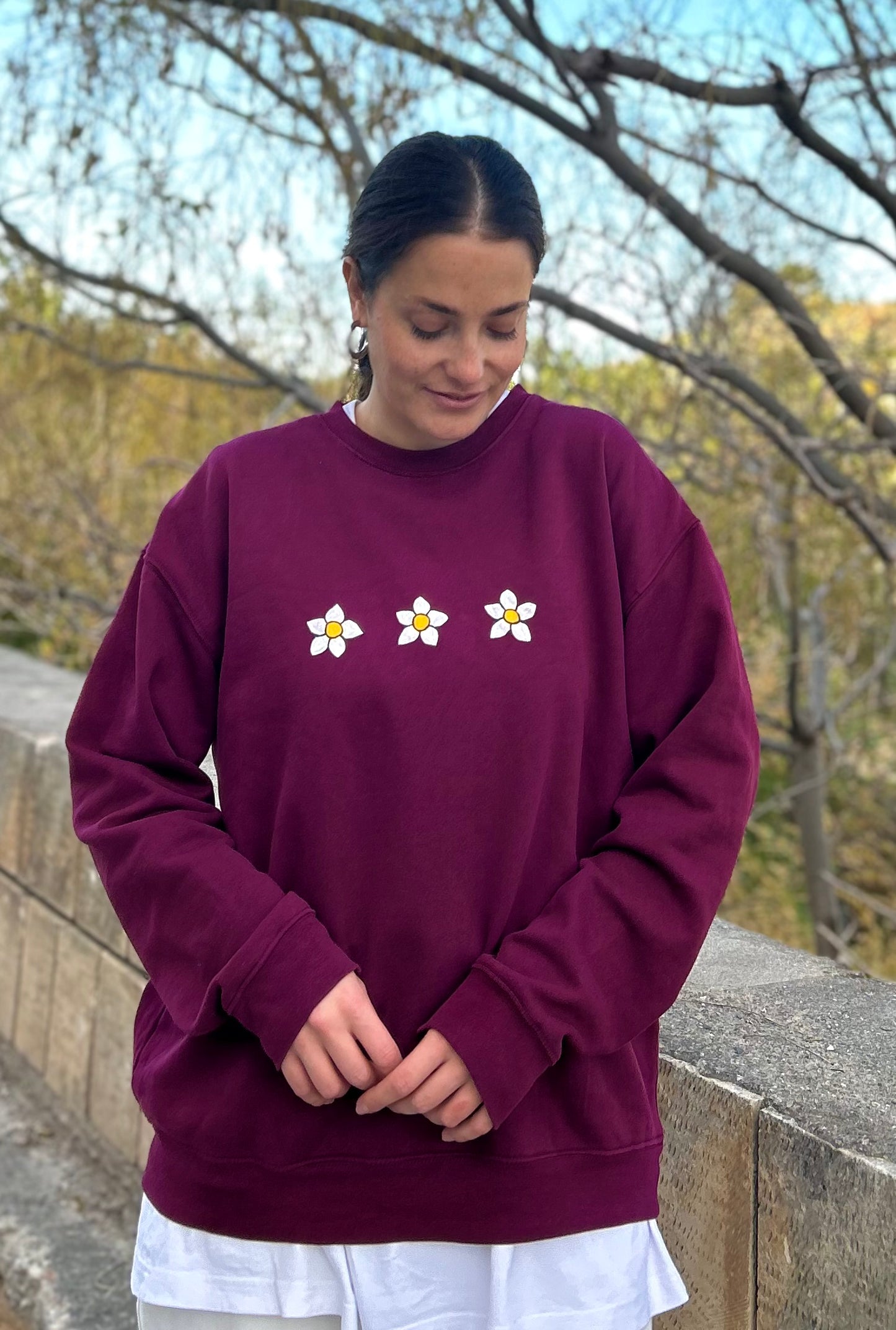 Burgundy handpainted sweater - flowers