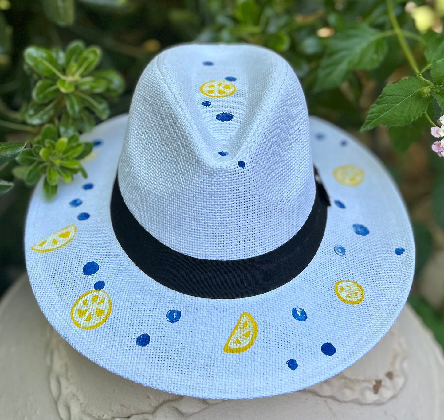 White handpainted panama hat - “Lemons”