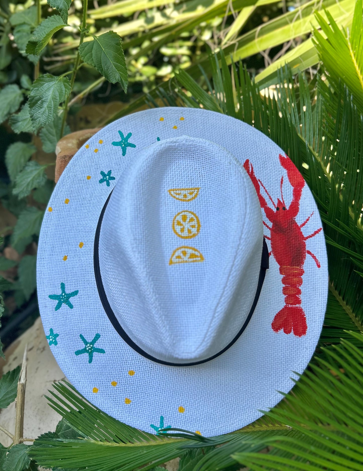 White handpainted panama hat - “Lobster”