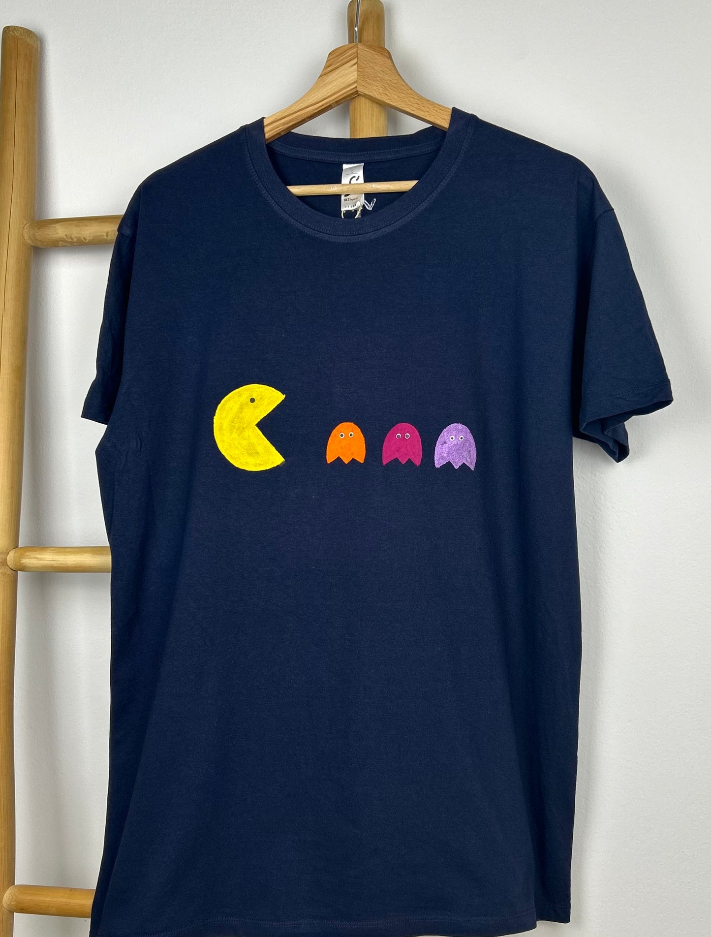 Blue unisex handpainted T-shirt - “pac man”