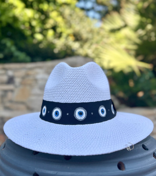 White handpainted panama hat - “evil eye”