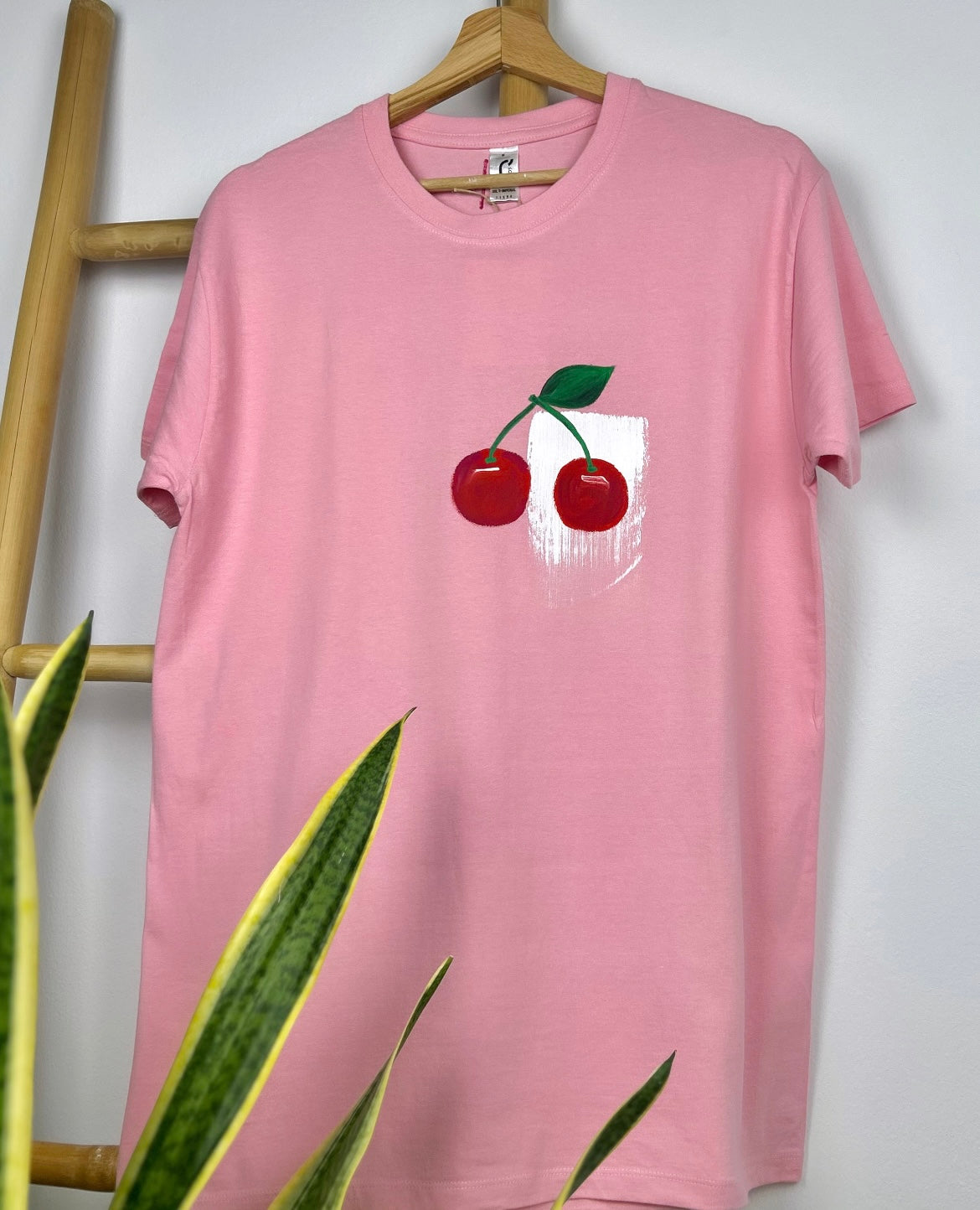 Pink unisex handpainted T-shirt- “Cherries”