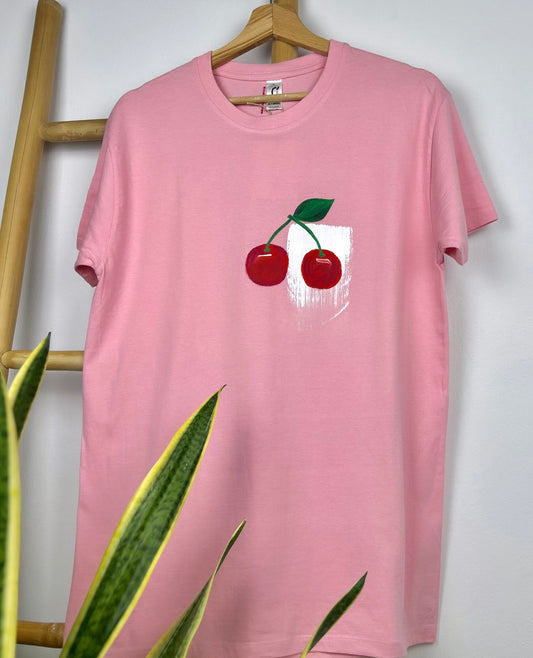 Pink unisex handpainted T-shirt- “Cherries”