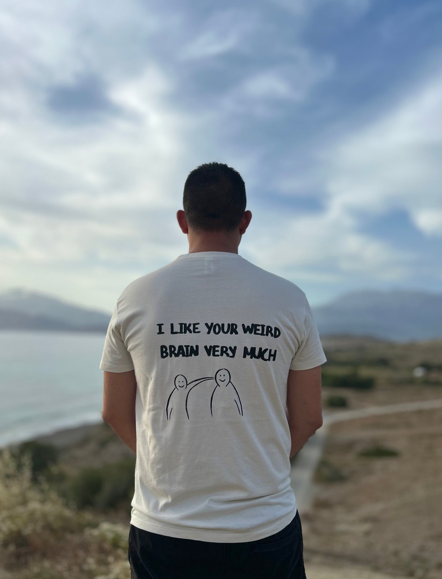 Off white handpainted T-shirt - “I like your weird brain very much”