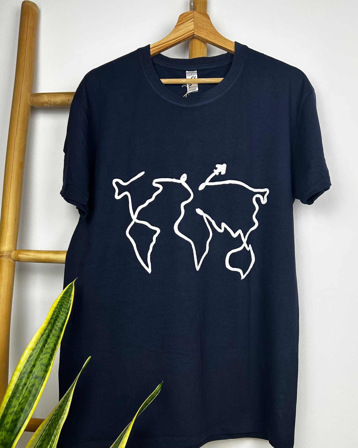 Blue unisex handpainted T-shirt - “World map”