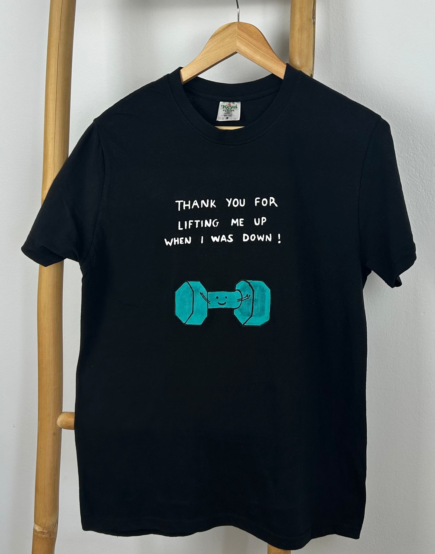 Black unisex handpainted T-shirt - “Gym buddy”