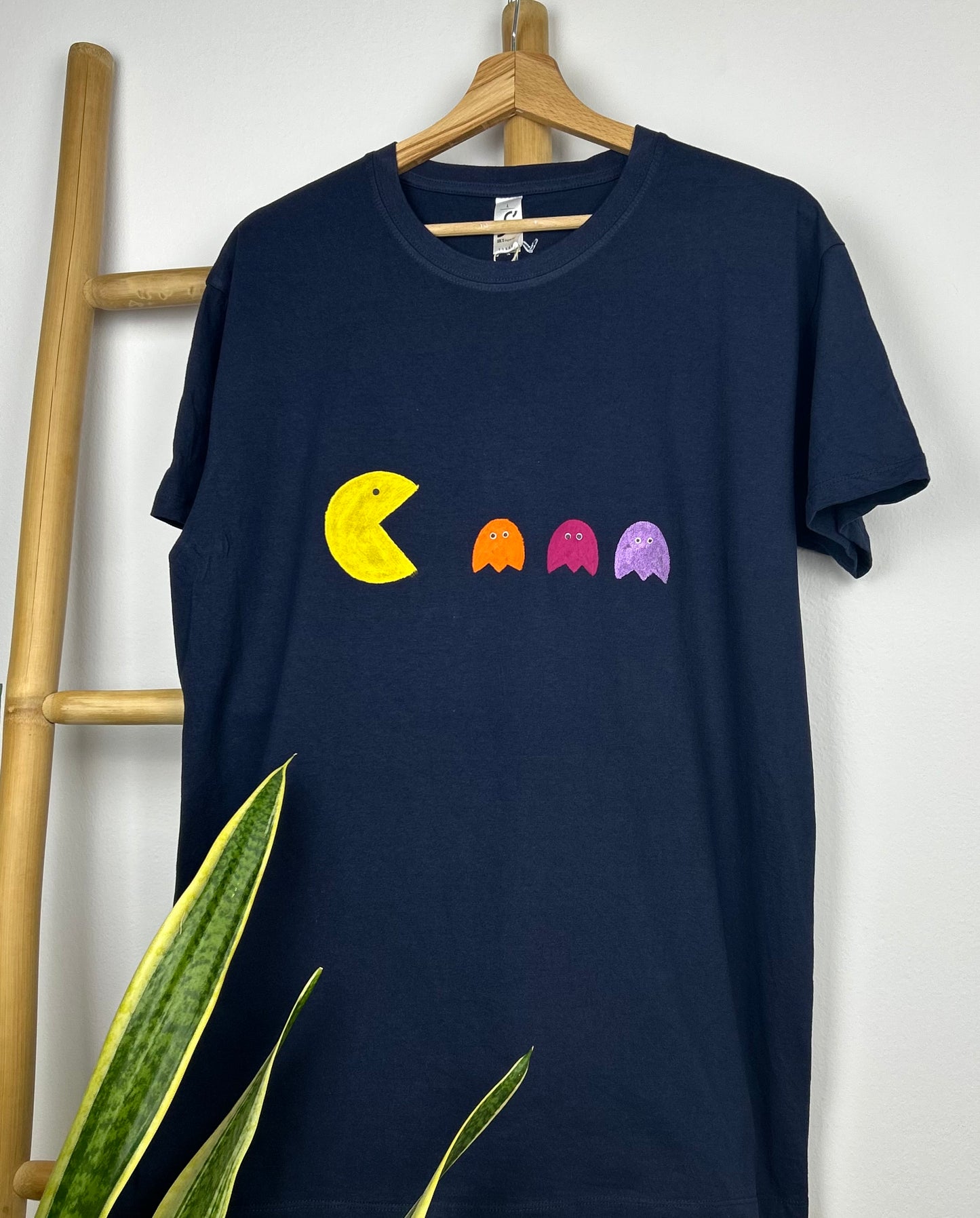 Blue unisex handpainted T-shirt - “pac man”