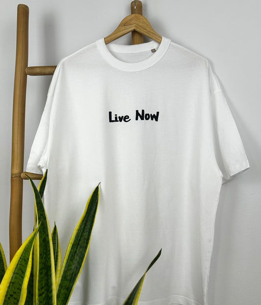 White oversized unisex handpainted T-shirt - “Live now”