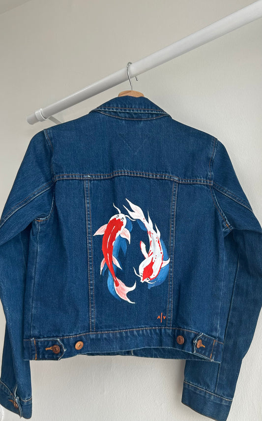 Handpainted unisex jean jacket - koi fish