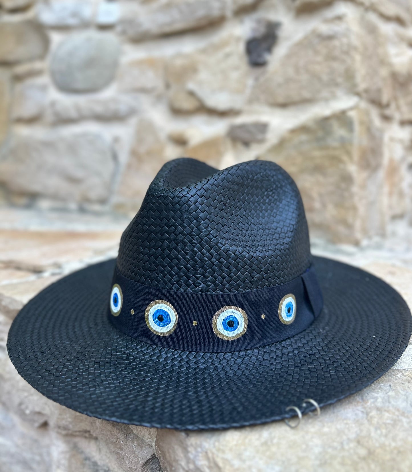 Black handpainted panama hat - “evil eye”