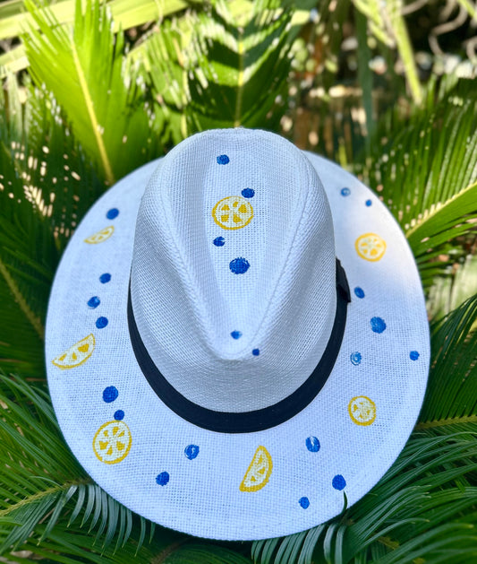 White handpainted panama hat - “Lemons”