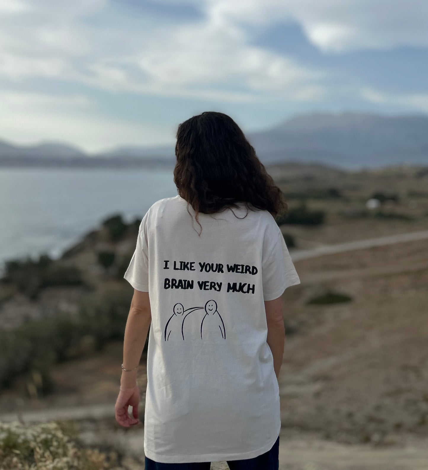 Off white handpainted T-shirt - “I like your weird brain very much”