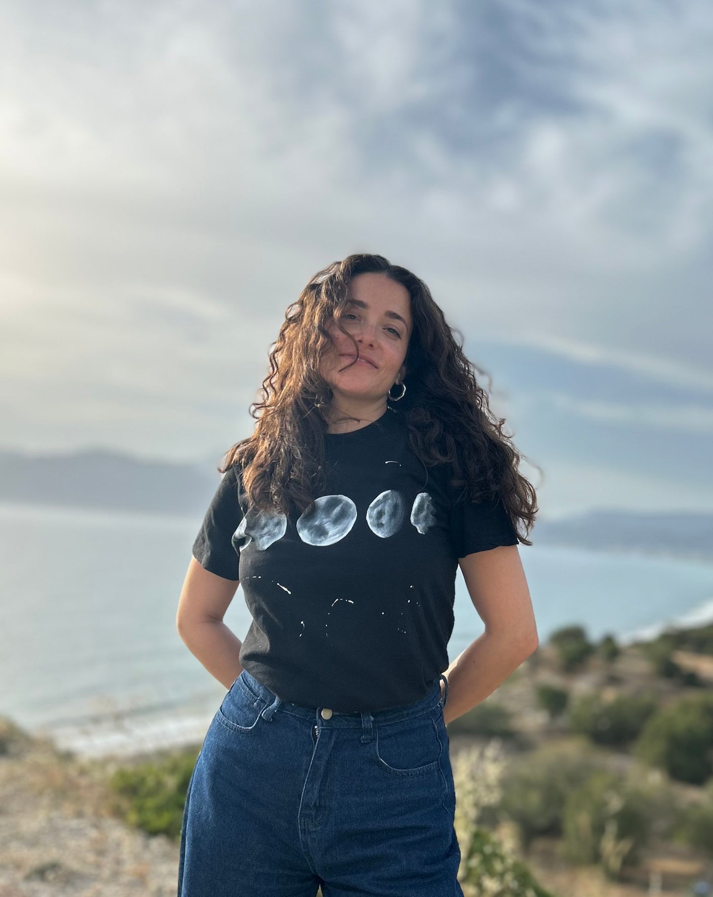 Black unisex handpainted Ted T-shirt - “moon”