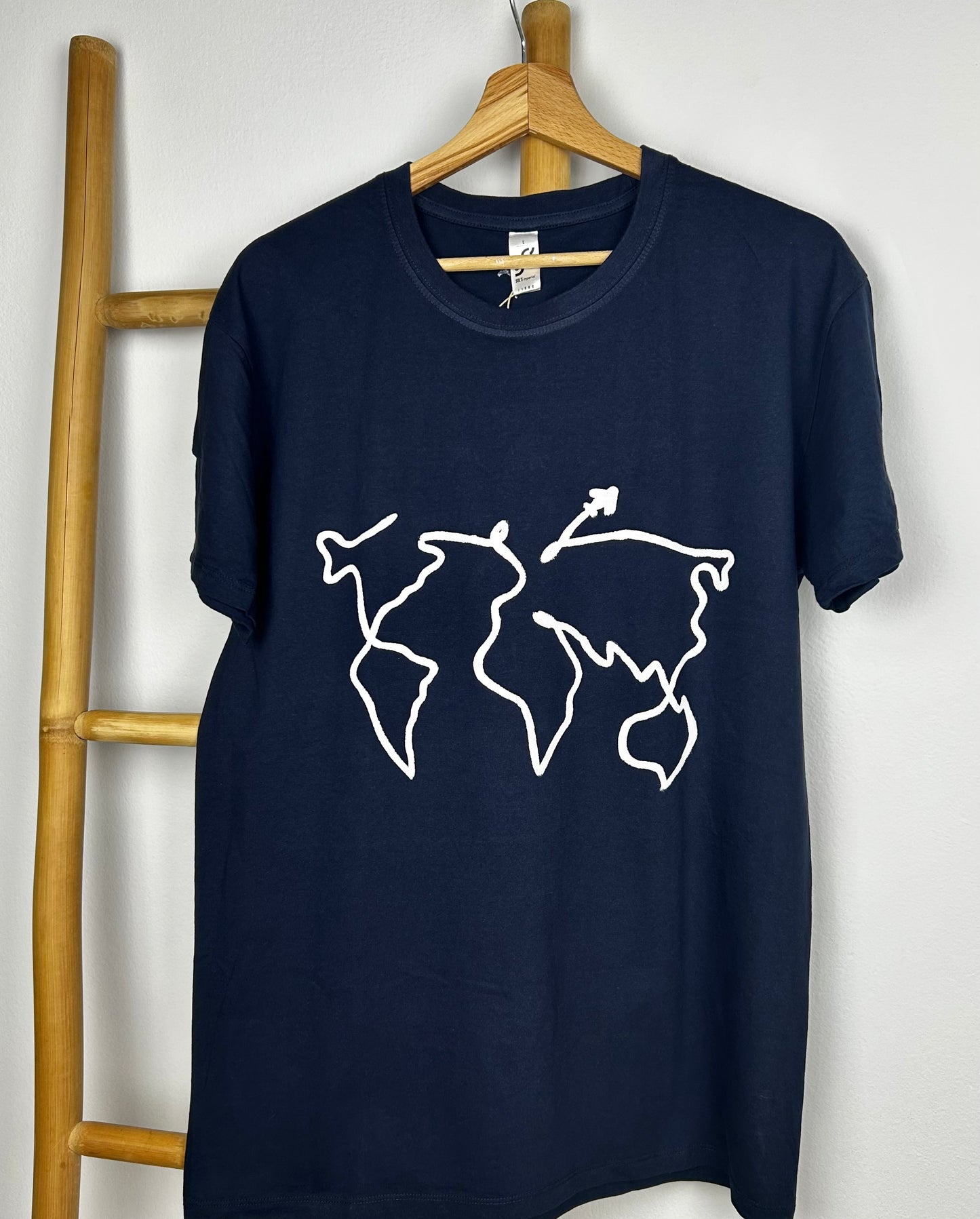 Blue unisex handpainted T-shirt - “World map”