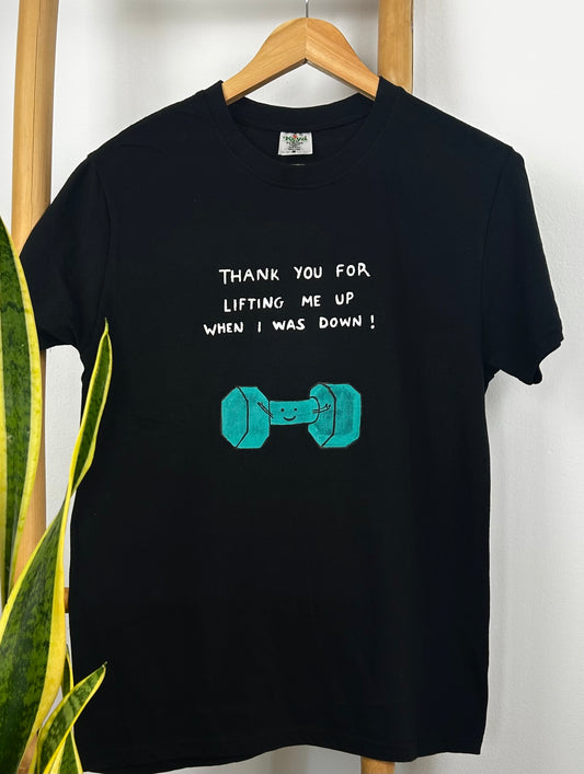 Black unisex handpainted T-shirt - “Gym buddy”