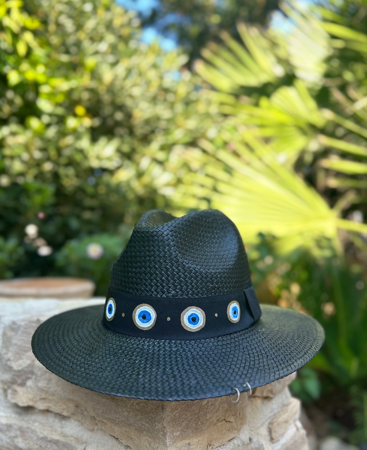 Black handpainted panama hat - “evil eye”
