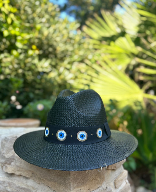 Black handpainted panama hat - “evil eye”