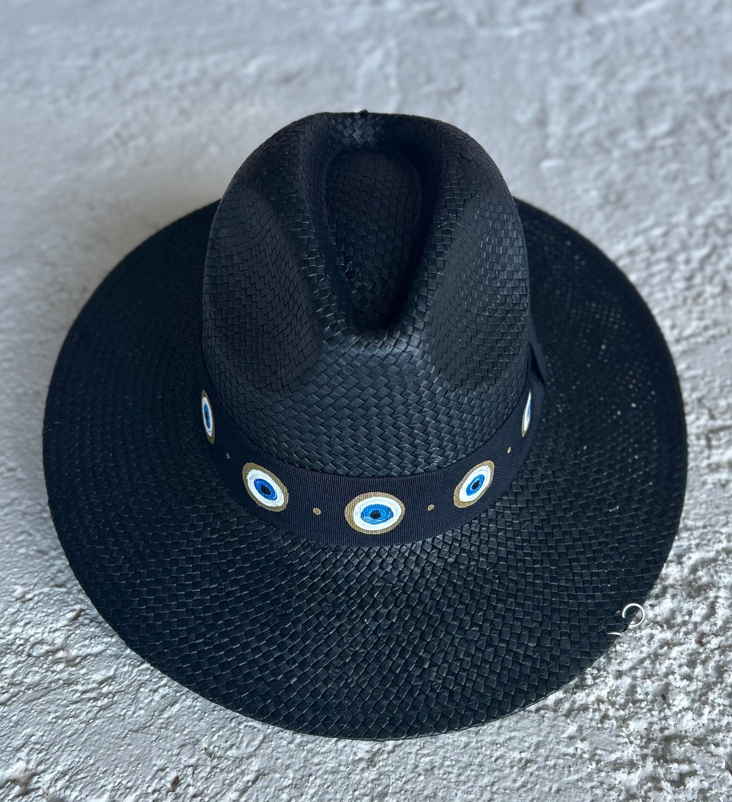 Black handpainted panama hat - “evil eye”