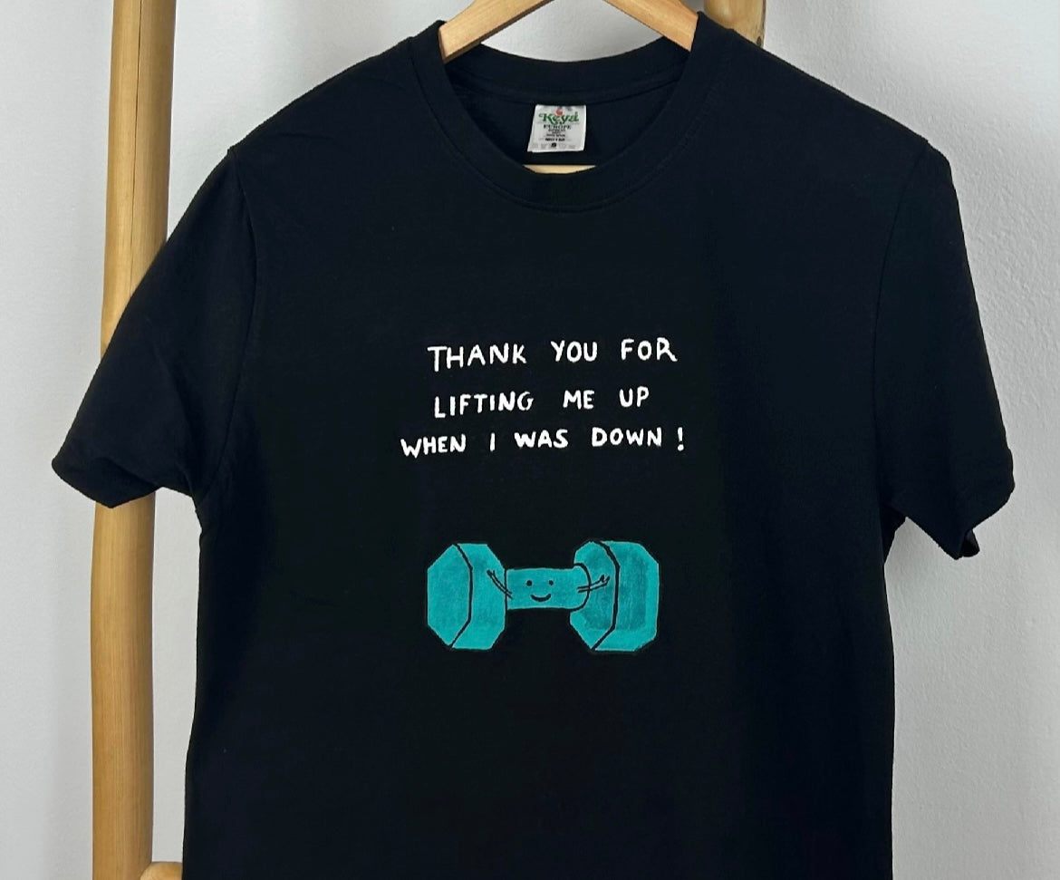 Black unisex handpainted T-shirt - “Gym buddy”