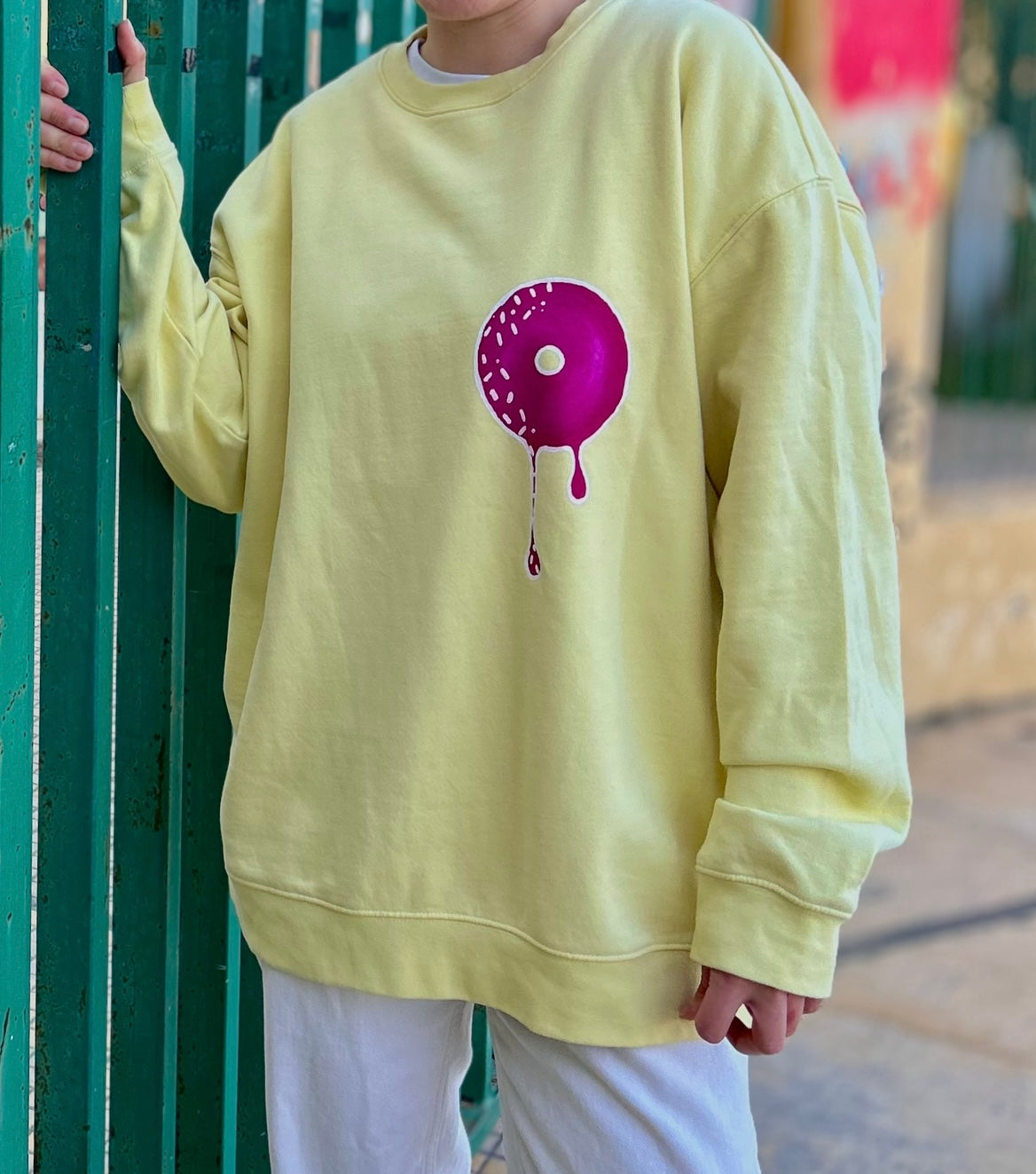 Yellow unisex handpainted sweater - “donut”